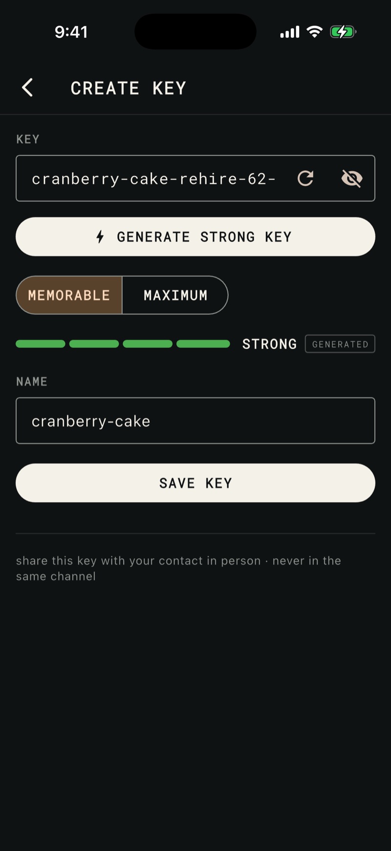 GhostCode's Create Key screen: a generated key, a GENERATE STRONG KEY button, the MEMORABLE and MAXIMUM mode toggle, a strength meter reading STRONG, and a name field