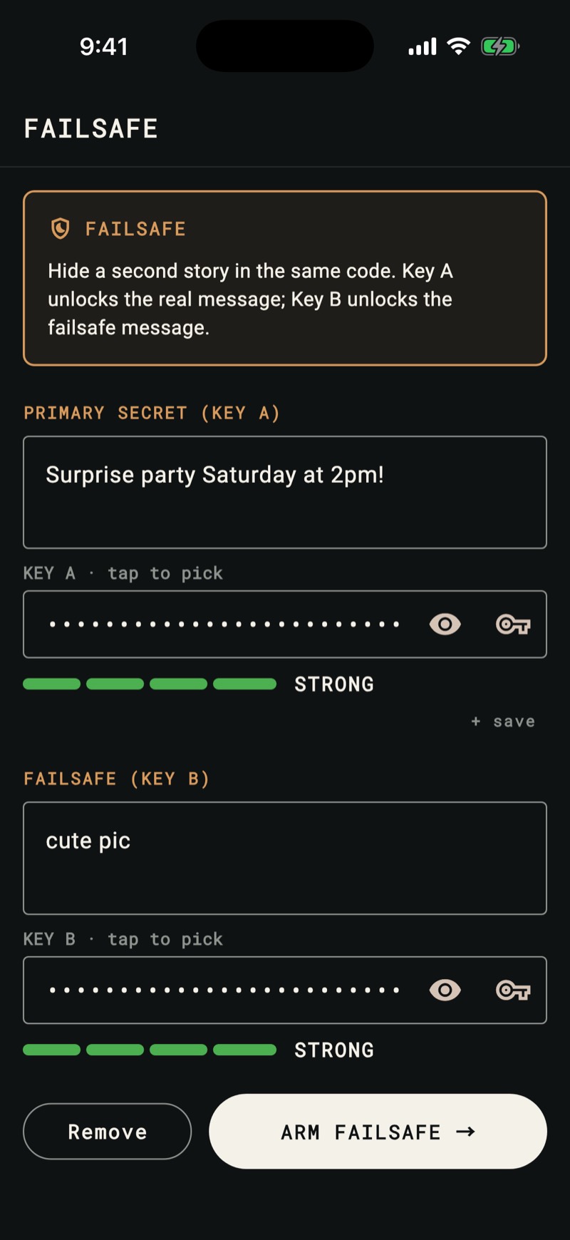 GhostCode Failsafe screen: a primary secret under Key A and a second, decoy message under Key B