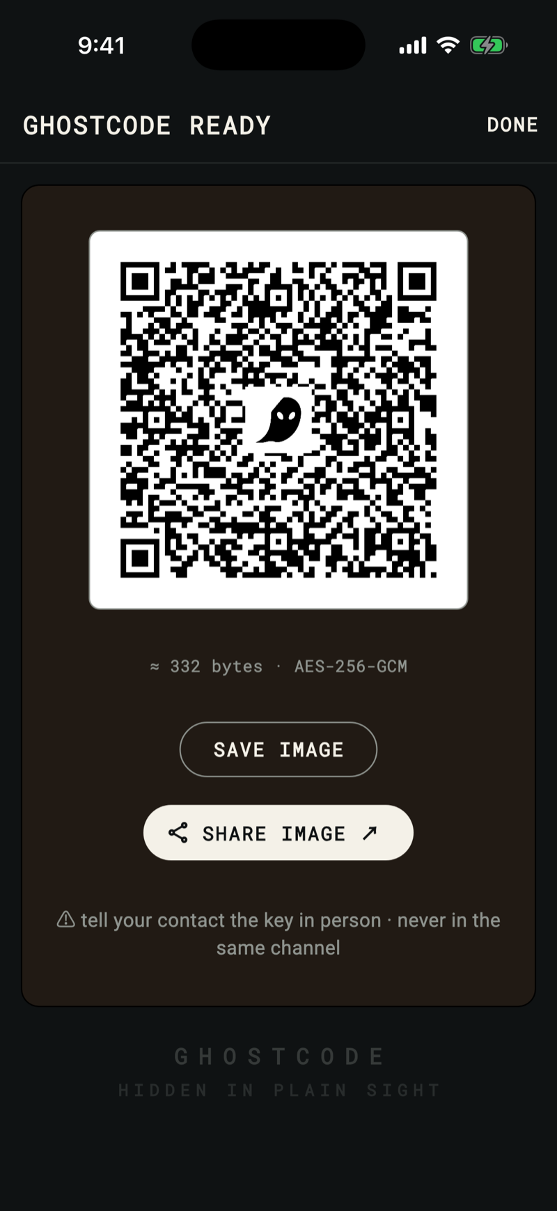 A finished GhostCode QR code with the ghost logo in the center, ready to save or share