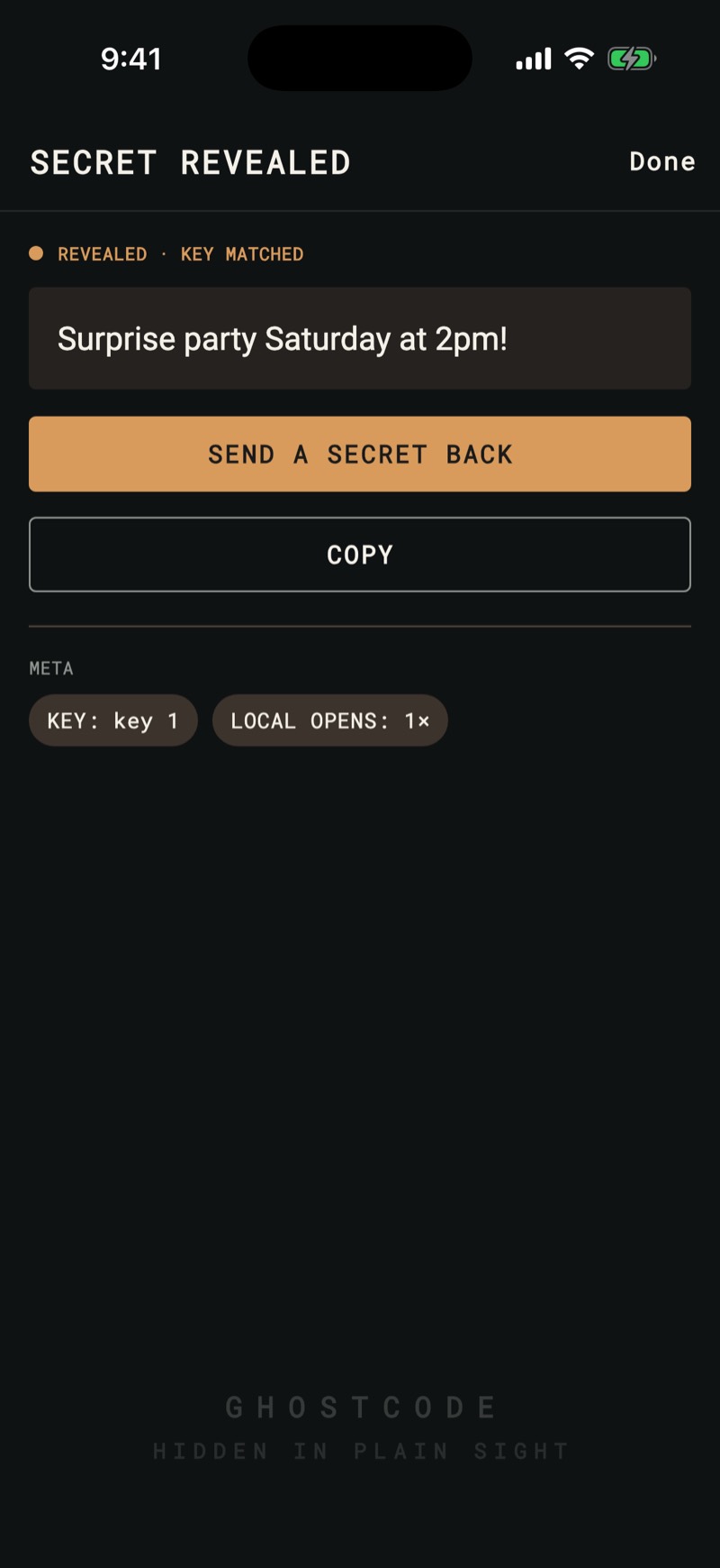 GhostCode 'Secret Revealed' screen: the hidden message unscrambled after the right Key was entered